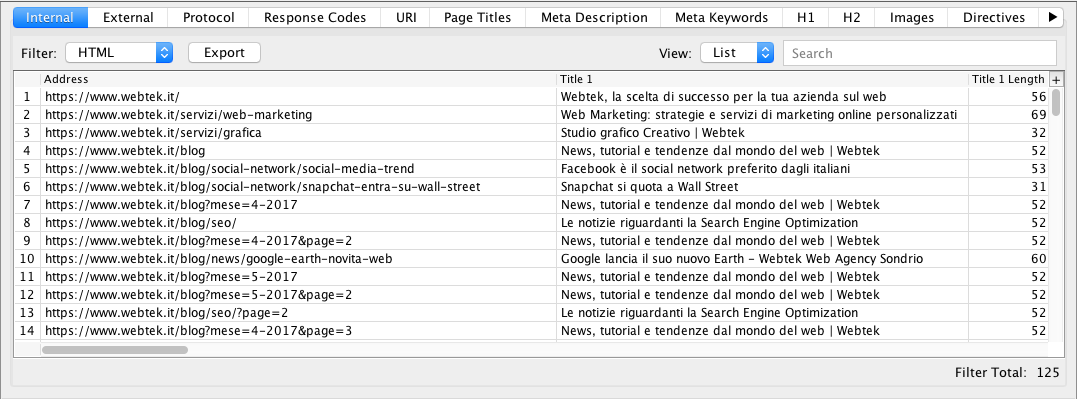 Screaming Frog: funzione Page Titles della tab Internal dello Seo Spider