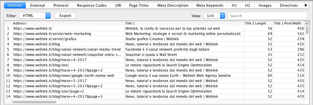 Screaming Frog View: tab Internal del Seo Spider