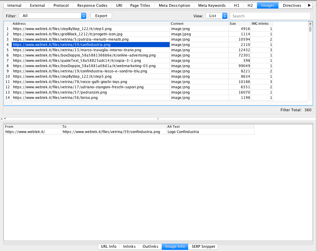Tab Image Info su Screaming Frog